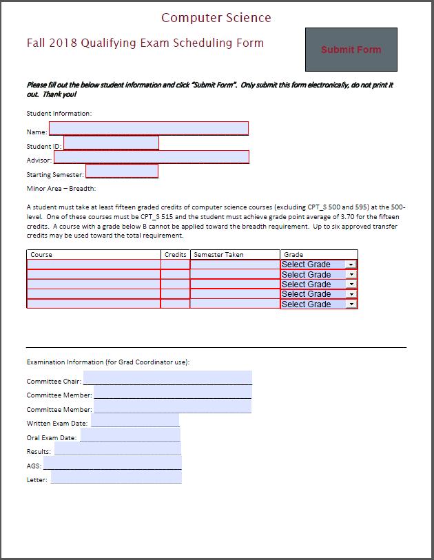 Computer Science QE Scheduling Form Must be submitted during the beginning of a Computer Science Ph.